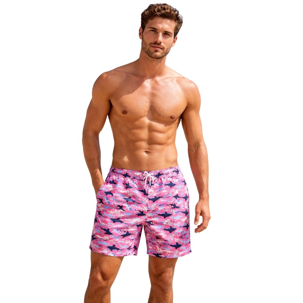 Men's Pink Shark Camo Swim‎ Trunks Board Shorts Drawstring Pockets
